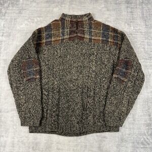 Woolrich Sweater Mens Medium Brown Wool Quarter Zip Mock Neck Plaid Elbow patch